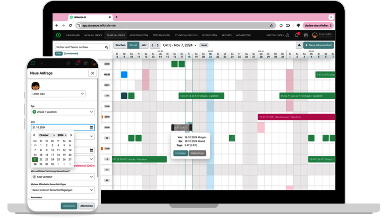 Der Urlaubsplaner und die Abwesenheitsverwaltung von absence.io auf einem Smartphone und einem Laptop. Auf dem Smartphone wird gerade eine Abwesenheit erstellt. Auf dem Laptop sieht man einen Teamkalender in den gerade ein Urlaub eingetragen wird. 