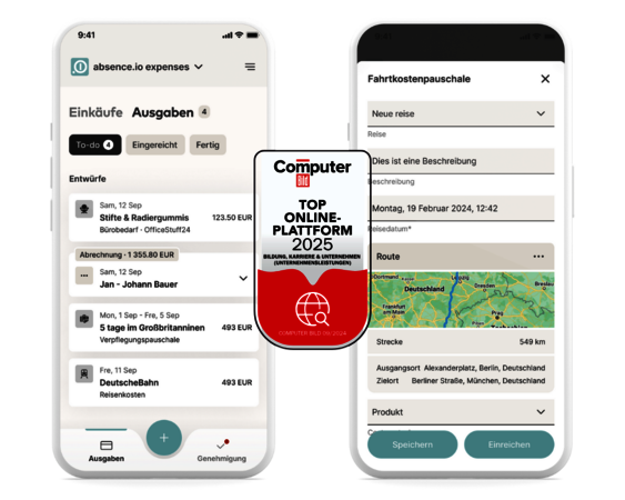 Die Software zur Reisekostenabrechnung und Spesenabrechnung von absence.io auf zwei Smartphones. Das eine zeigt eine Auflistung verschiedener Ausgaben. Das andere zeigt wie eine Dienstreise eingetragen wird. Vor den beiden Smartphones sieht man die Auszeichnung von absence.io durch Statista und COMPUTER BILD zur Top Online-Plattform 2025.