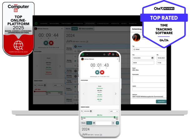 Die Zeiterfassungs-Software und App von absence.io auf einem Desktop und einem Smartphone. Der Desktop zeit wie ein manueller Zeiteintrag angelegt wird. Auf dem Smartphone sieht man die Ansicht der digitaler Stoppuhr. 